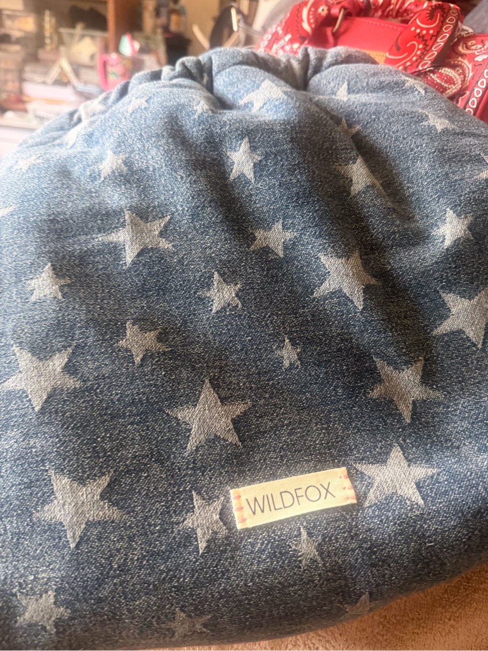 Wildfox Blue Denim Star Print Drawstring Tote
